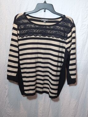 Roz & Ali Black and Cream Striped Lace Yoke Long Sleeve Top